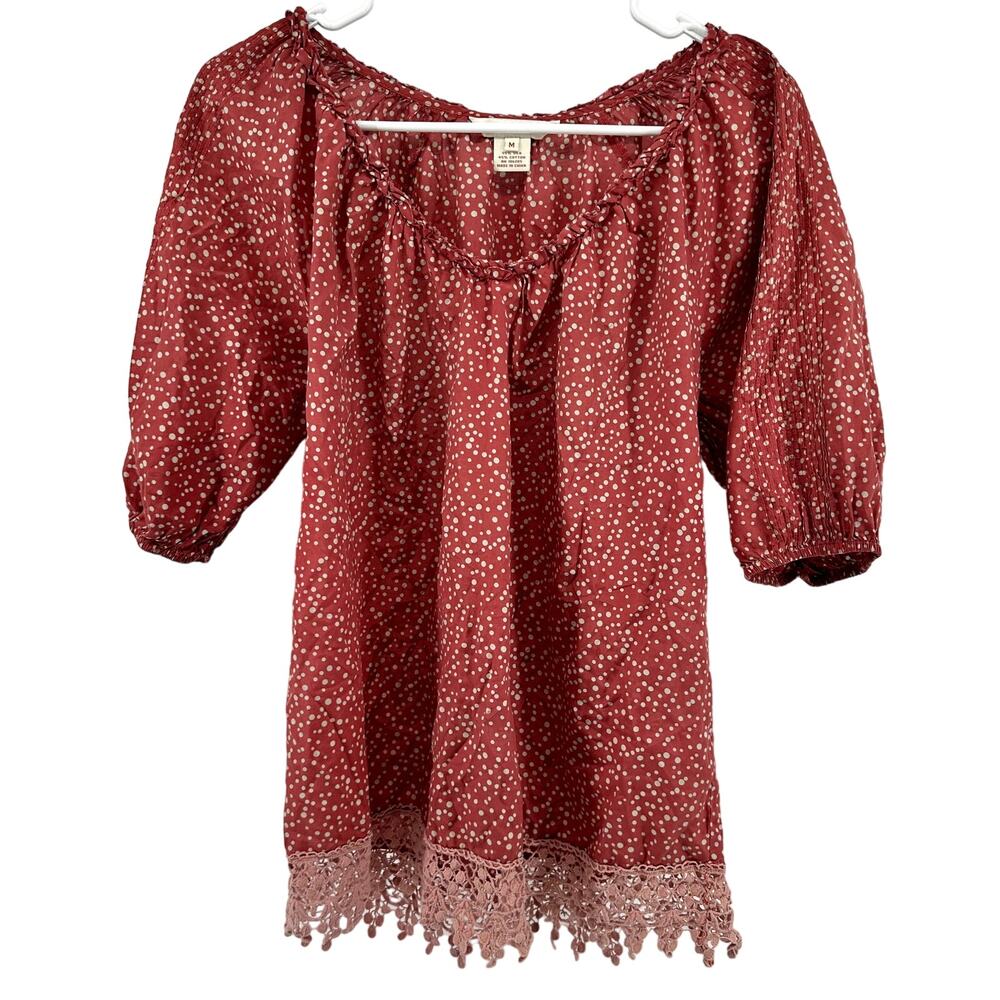 Sundance Silk Polka Dot Blouse Top Puff Sleeve Crochet Hem Scoop Boho Red Medium
